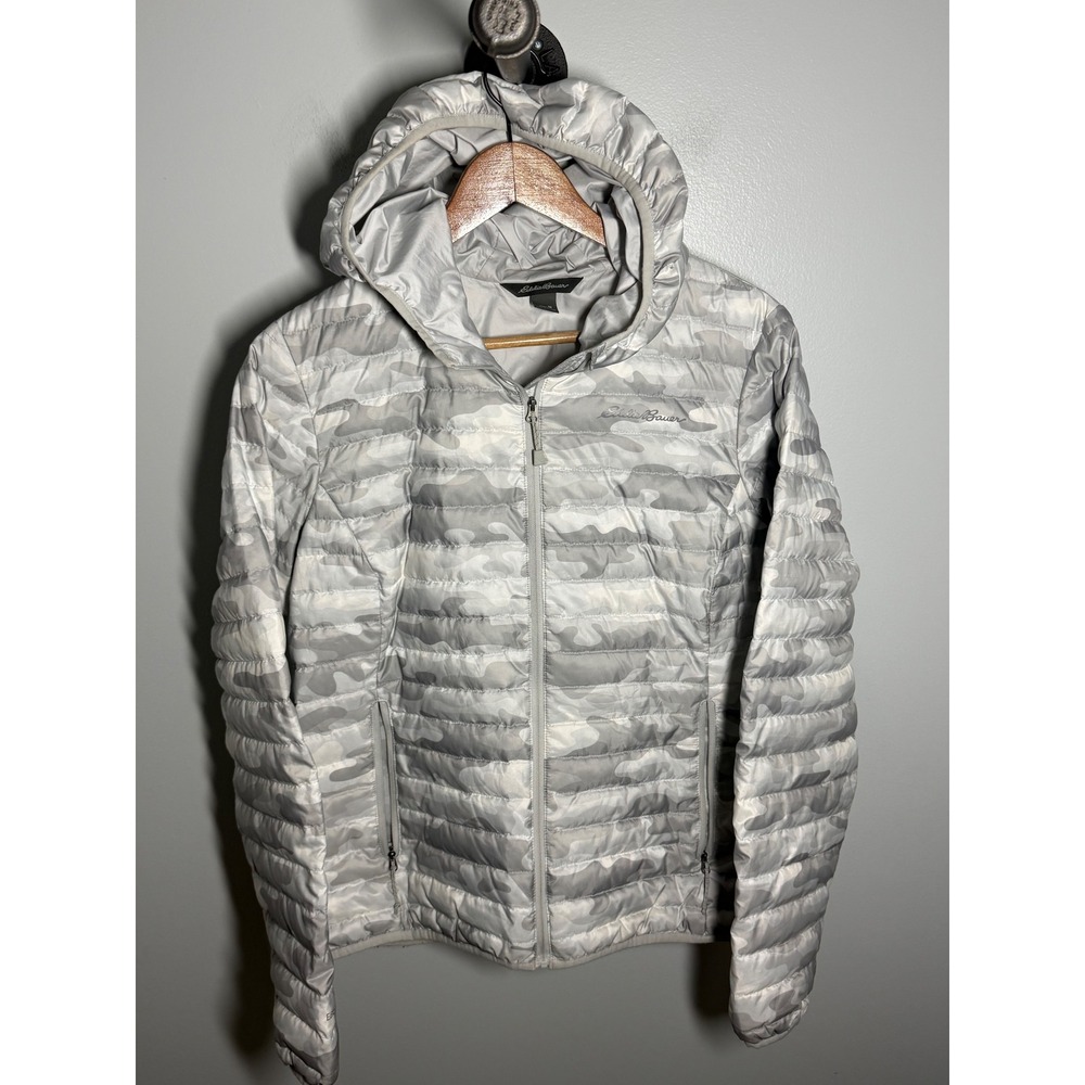 Eddie Bauer Womens Gray Camo Hooded Puffer Jacket Down Insulated Size M
